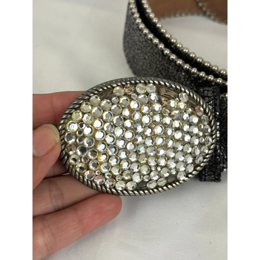 BB Simon‎ Rhinestone Belt Black Leather Crystal Studded Western Glam L
